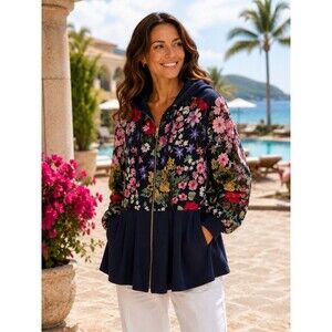 Boston Proper Heavy Floral Embroidered Lace Zip Up Hoodie Jacket Size L